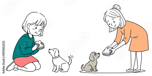 A cute mini vector set of scenes featuring people feeding a puppy their own sandwich:
 Girl feeding puppy while older woman watches in playful scene  