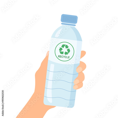 hand holding plastic bottle with green recycle symbol