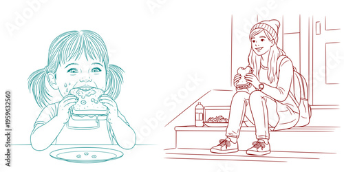Vector set featuring a girl eating a sandwich: Girl enjoying a sandwich while sitting at home and smiling  