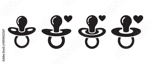 Black Pacifier and Heart Icons Set. for Baby Care and Newborn Comfort on White Background.