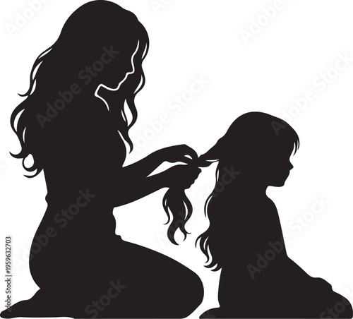 Mother braiding daughter's hair, silhouette illustration of family bonding and care