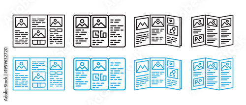 Brochure and Flyer Template Icons Set. Folded, Open, and Closed Designs in Line Art and Blue Outline Styles.