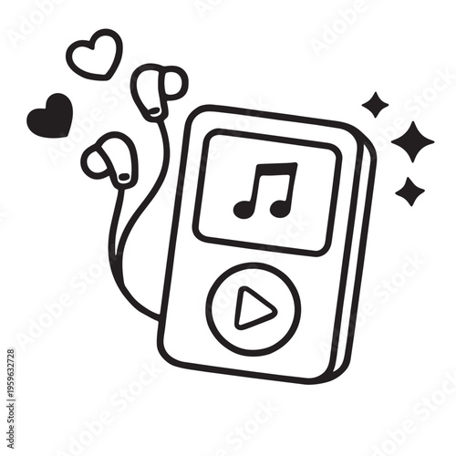 Music player earphone heart note play button simple black white digital cute