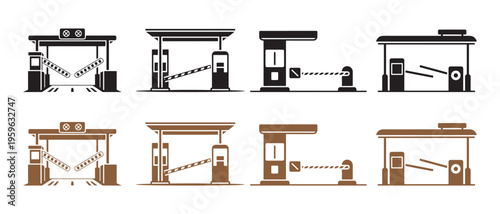 Access Control Gate and Toll Booth Vector Icon Set. Parking barrier, entry checkpoint, and payment systems in a modern flat style.