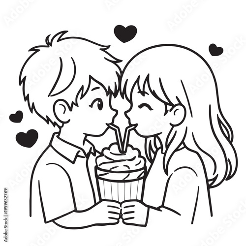 Boy girl couple milkshake love together happy hearts drink sweet