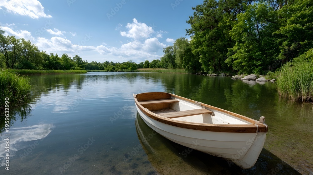 Obraz premium A white rowboat rests on the calm waters of a serene lake surrounded by lush green trees under a bright blue sky with clouds