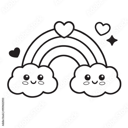 Cute rainbow cloud heart kawaii cartoon happy smiling black and white simple cheerful