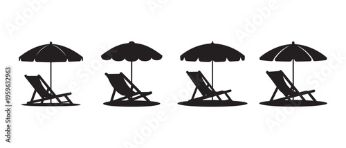 Collection of Black Beach Chair and Umbrella Silhouettes for Summer Vacation and Relaxation on White Background.