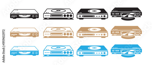 Vector Collection of DVD and Blu-ray Players in Different Colors with Disc States, Representing Home Entertainment Electronics.