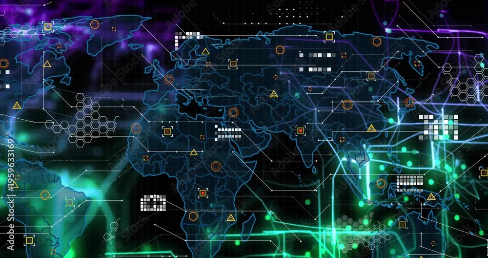 Outline appearing triggers world map emerging with network lines ...