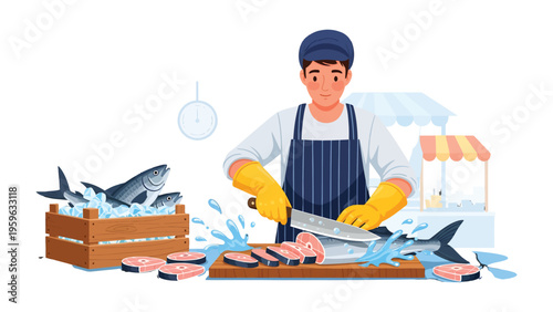 Seafood Artisan: A skilled fishmonger expertly prepares fresh seafood at a bustling market stall, showcasing his craftsmanship and the bounty of the ocean.