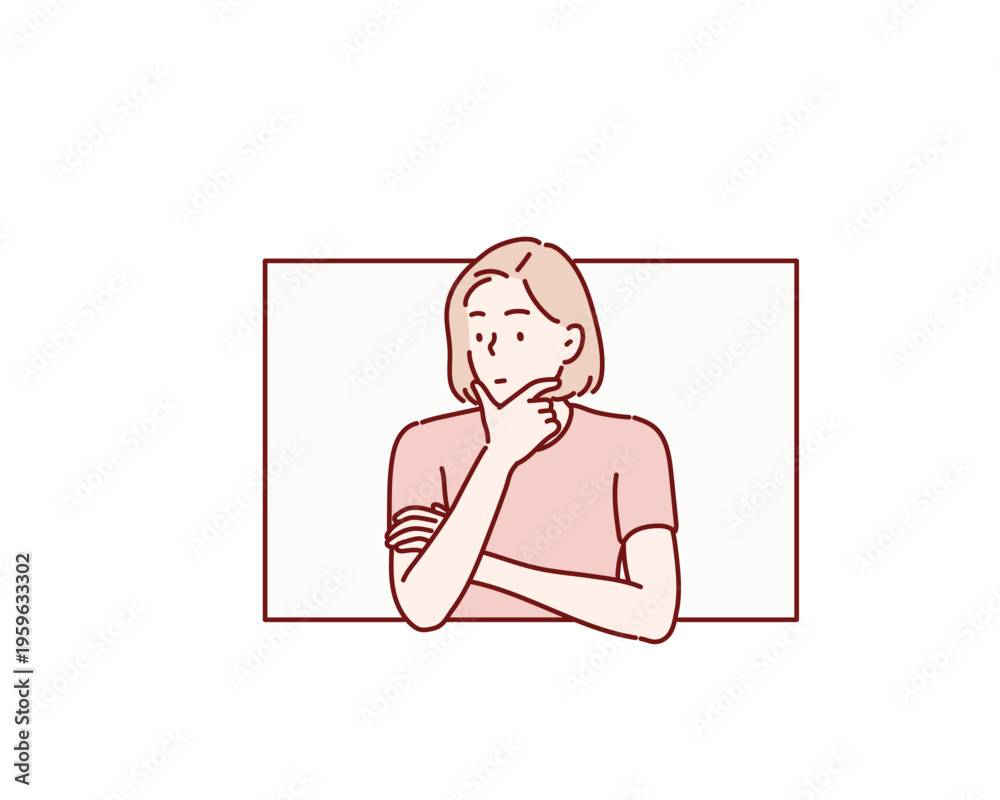 Fototapeta premium Woman thinking inside a square box, confused person feeling trapped and searching for solution, problem solving concept, burnout and mental health metaphor. Original vector illustration drawn by hand.