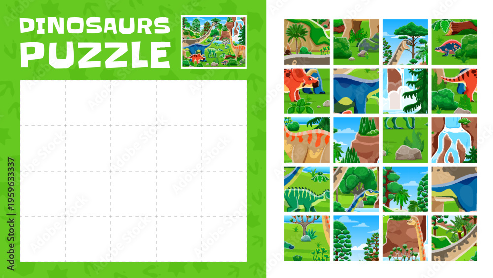 Fototapeta premium Dinosaur animals jigsaw puzzle quiz logic game. Jurassic era reptile animal jigsaw puzzle vector worksheet with Paralititan, Quaesitosaurus, Shantungosaurus and Arrhinoceratops in rainforest landscape