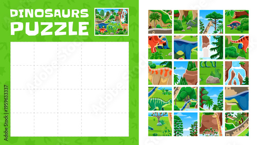 Dinosaur animals jigsaw puzzle quiz logic game. Jurassic era reptile animal jigsaw puzzle vector worksheet with Paralititan, Quaesitosaurus, Shantungosaurus and Arrhinoceratops in rainforest landscape