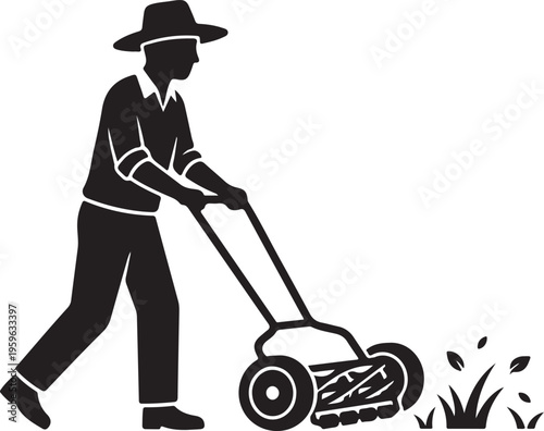 Man mowing lawn with vintage push reel mower, gardener silhouette illustration