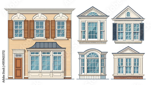 Residential window designs and architectural elements for building facades with various styles