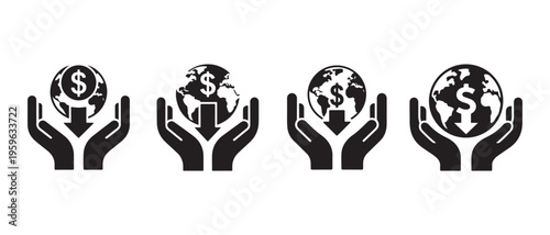 Global Financial Decline Icons. Hands Holding Globe with Dollar Sign and Downward Arrow, Symbolizing Economic Crisis.