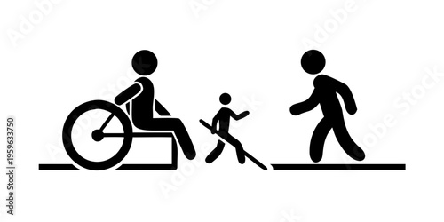 Accessibility symbols representing different mobility options and interactions in public spaces
