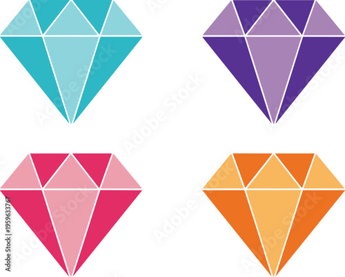 Colorful diamond gemstone icon set in blue purple pink and orange colors luxury jewelry symbol cad drawing flat vector illustration,