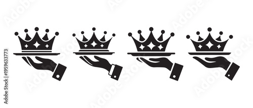 Collection of black silhouette hands holding royal crowns on serving trays, representing luxury and premium service.