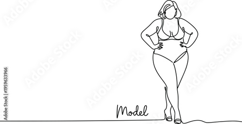 Plus Size Woman Posing Confidently In Underwear Body Positivity Concept Minimalist Line Art Style