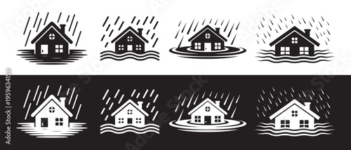 House Flooding Icon Set. in Black and White with Heavy Rain and Rising Water Levels, Representing Natural Disaster.