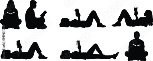 Set of black silhouettes of people reading books in various poses, flat vector illustration, isolated on white background, cad drawing