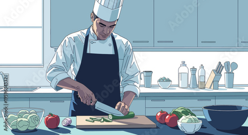 Chef preparing vegetables in a modern kitchen setting