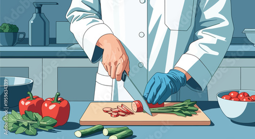 Chef slicing vegetables in modern kitchen with fresh ingredients