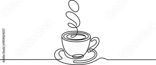Steaming Coffee Cup and Saucer Drawn in Minimalist Single Line Art Style Isolated on White
