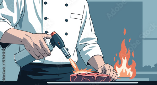 Chef using blow torch to sear steak in modern kitchen