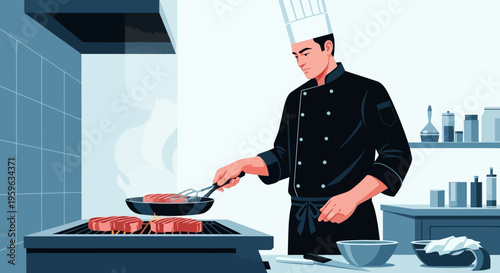 Chef cooking steak in modern kitchen: culinary art and professional cooking