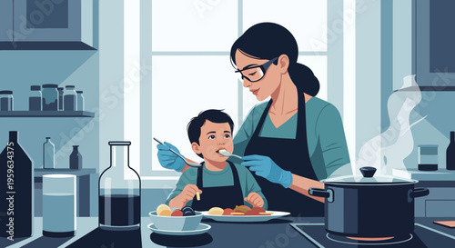Mother feeding son in cozy kitchen setting with healthy meal