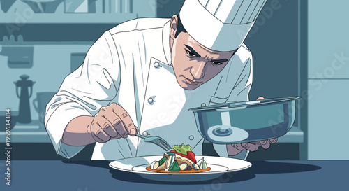 Chef carefully plating gourmet dish in modern kitchen