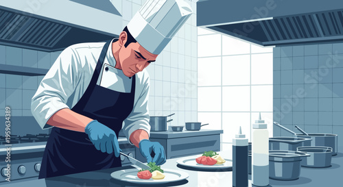 Chef in modern kitchen preparing gourmet dishes with precision and focus
