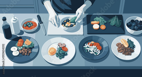 Chef preparing ingredients in modern kitchen with fresh vegetables and herbs