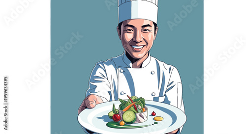 Smiling chef holding gourmet dish on blue background in cartoon style