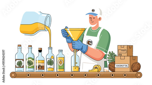 Crafting Coconut Essence: A skilled worker meticulously bottles the coconut oil with precision and care, creating products ready for distribution.