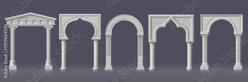 Realistic palace arch white marble pillar gate or archway, vector 3d architecture set. Ancient roman and greek column arches with carved moldings. Realistic castle, temple or mosque door frame arcs