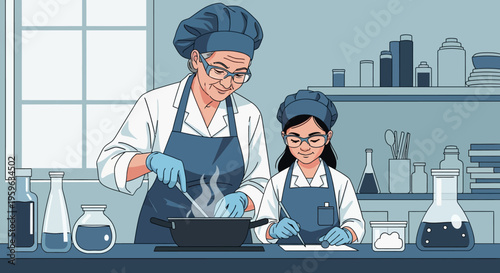 Chef and student cooking together in modern kitchen scene