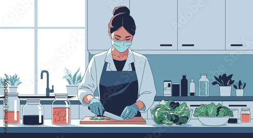 Chef preparing salad in modern kitchen: health and culinary art