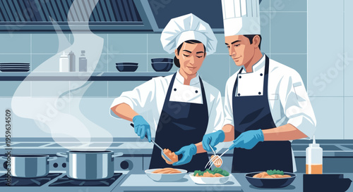 Chefs in a modern kitchen preparing gourmet meals in flat design