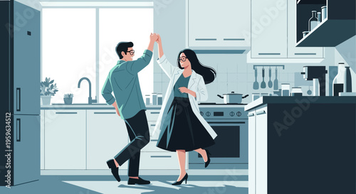 Happy couple dancing in modern kitchen interior