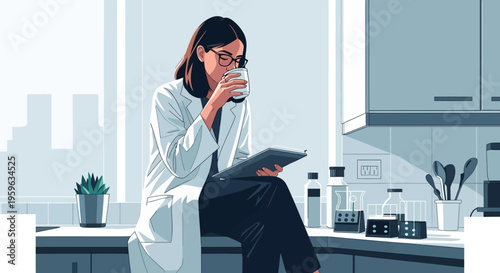 Scientist enjoying coffee break in modern laboratory setting