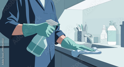 Cleaning in modern kitchen with blue and green color palette