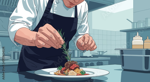 Chef preparing gourmet dish in modern kitchen setting