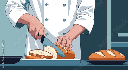 Baker slicing fresh bread in modern kitchen setting