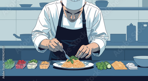 Skilled chef preparing a gourmet dish in a modern kitchen