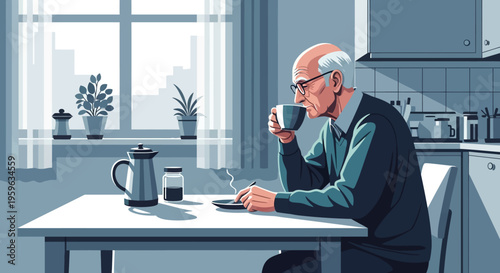 Elderly man enjoying coffee in cozy kitchen setting