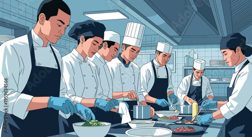 Team of chefs collaborating in professional kitchen preparing gourmet dishes